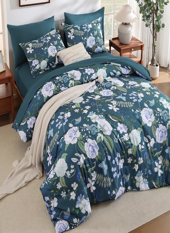 Anibedding طقم لحاف أنيبيدينج مكون من 7 قطع، بنقشة زهور، مقاس كوين، طقم سرير أزرق بنقشة زهور ونباتات، مع غطاء وسادة لغرفة النوم - Image 3