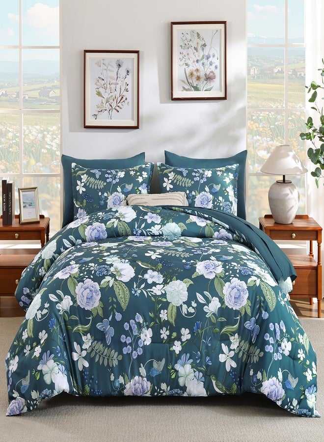 Anibedding طقم لحاف أنيبيدينج مكون من 7 قطع، بنقشة زهور، مقاس كوين، طقم سرير أزرق بنقشة زهور ونباتات، مع غطاء وسادة لغرفة النوم - Image 1