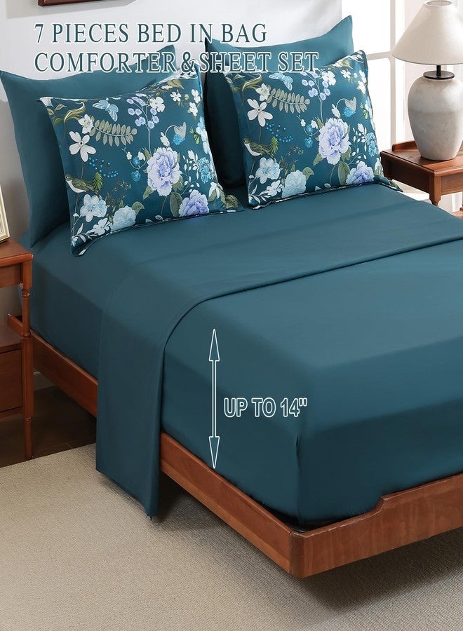 Anibedding طقم لحاف أنيبيدينج مكون من 7 قطع، بنقشة زهور، مقاس كوين، طقم سرير أزرق بنقشة زهور ونباتات، مع غطاء وسادة لغرفة النوم - Image 4