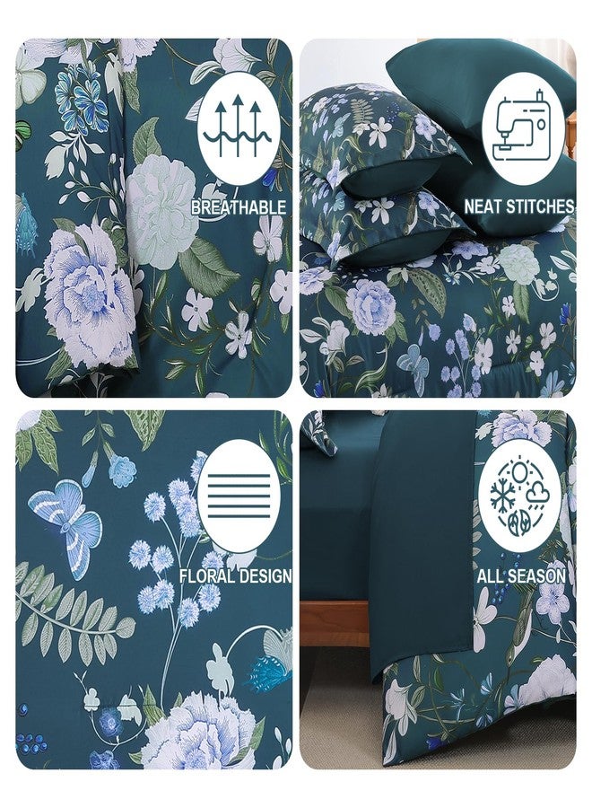 Anibedding طقم لحاف أنيبيدينج مكون من 7 قطع، بنقشة زهور، مقاس كوين، طقم سرير أزرق بنقشة زهور ونباتات، مع غطاء وسادة لغرفة النوم - Image 5