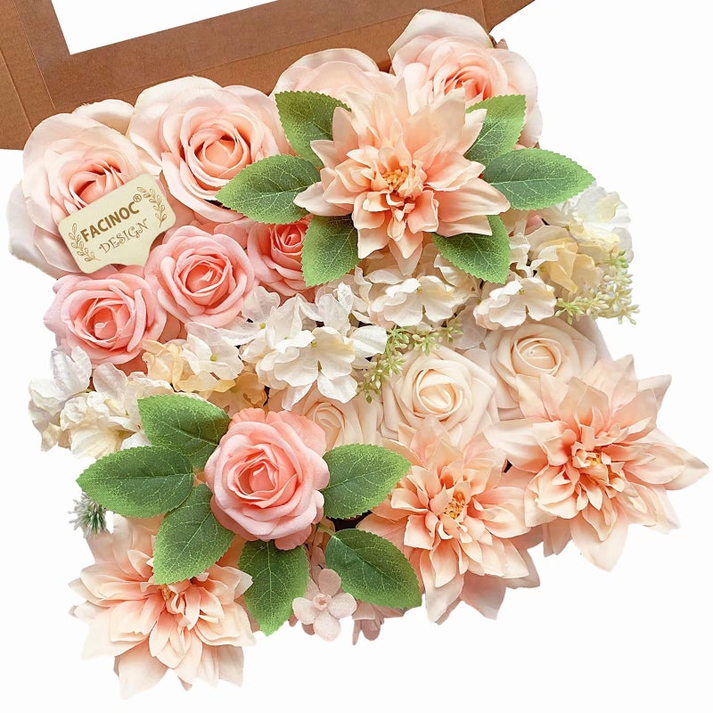 FACINOC Roses Artificial Flowers Peach Bouquet Box Set Fake Flower for DIY Bridal Wedding Shower Decorations Table Centerpieces Faux Silk Floral Arrangement for Party Home Decor Indoor Pink - Image 1