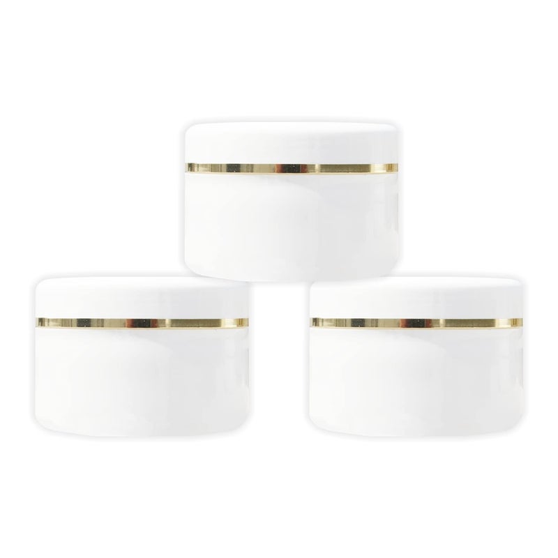 Myoc MYOC White Plastic Jar Storage Container with Dome Shape Golden Rim Portable Refillable  Reusable Cosmetic Empty Screw Cap Jar for Preparations of Face Cream Lip Balm Lotion Gel Each 100 GM Pack of 3  - Image 1