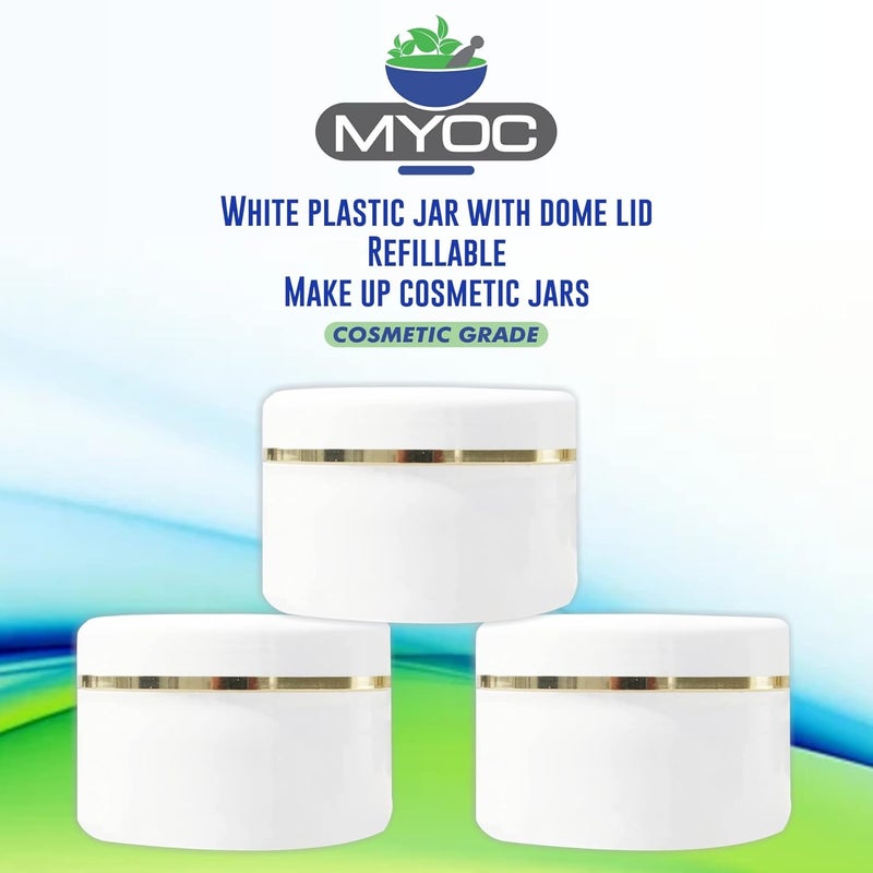 Myoc MYOC White Plastic Jar Storage Container with Dome Shape Golden Rim Portable Refillable  Reusable Cosmetic Empty Screw Cap Jar for Preparations of Face Cream Lip Balm Lotion Gel Each 100 GM Pack of 3  - Image 2