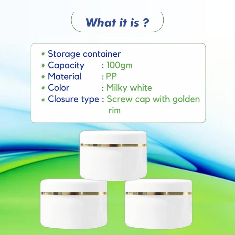 Myoc MYOC White Plastic Jar Storage Container with Dome Shape Golden Rim Portable Refillable  Reusable Cosmetic Empty Screw Cap Jar for Preparations of Face Cream Lip Balm Lotion Gel Each 100 GM Pack of 3  - Image 3