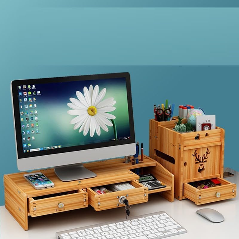 Olpad Adjustable Dual Monitor Stand with Storage Organizer, Wooden Desktop Riser for Monitors, Bamboo Corner Desk, Ergonomic Computer Riser with Pen Holder and Organizer (Monitor Stand (Lock) 7 Box Deer) - Image 1