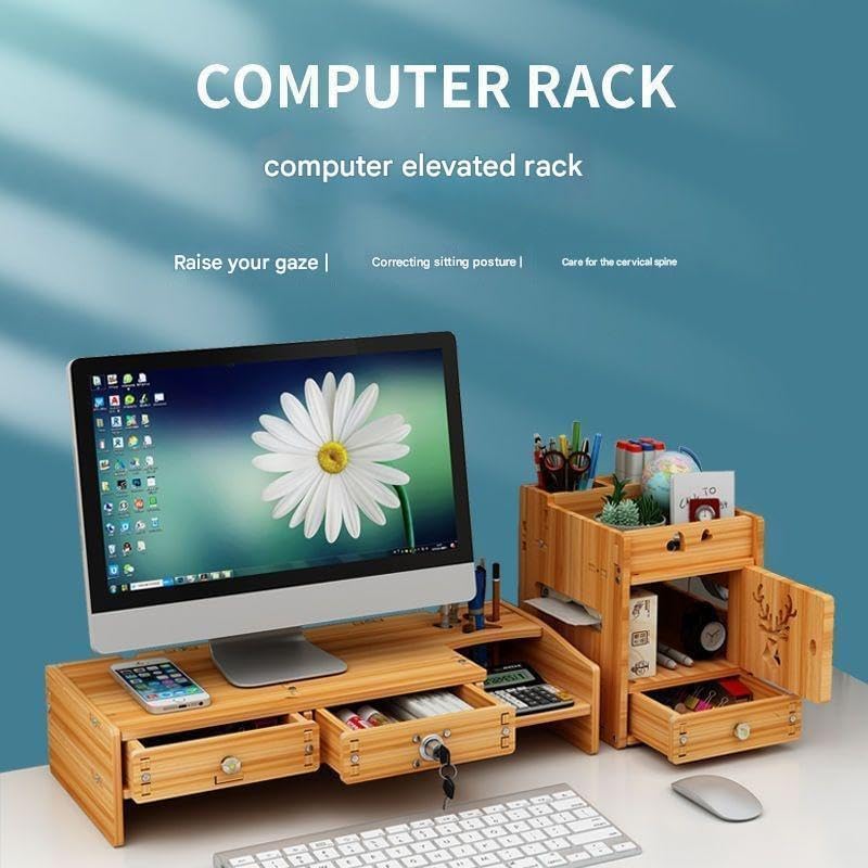 Olpad Adjustable Dual Monitor Stand with Storage Organizer, Wooden Desktop Riser for Monitors, Bamboo Corner Desk, Ergonomic Computer Riser with Pen Holder and Organizer (Monitor Stand (Lock) 7 Box Deer) - Image 3