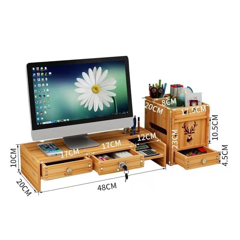 Olpad Adjustable Dual Monitor Stand with Storage Organizer, Wooden Desktop Riser for Monitors, Bamboo Corner Desk, Ergonomic Computer Riser with Pen Holder and Organizer (Monitor Stand (Lock) 7 Box Deer) - Image 2