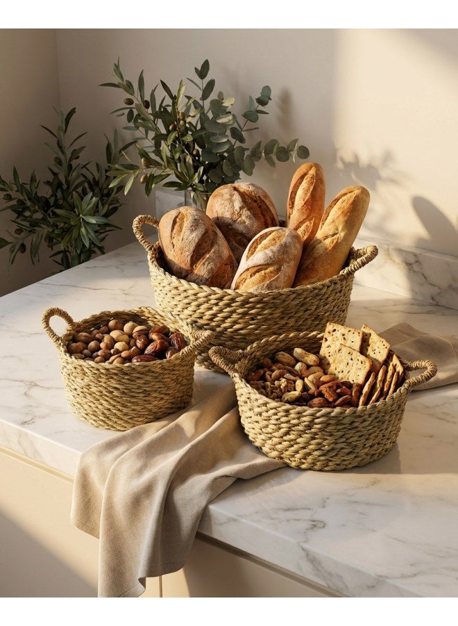 كذا هوم كازا هوم طقم عياشات خبز من الحلفا 3 قطع - صواني تقديم وتنظيم منسوجة يدوياً - بيج طبيعي - مقاسات 30/25/20 سم - Image 1