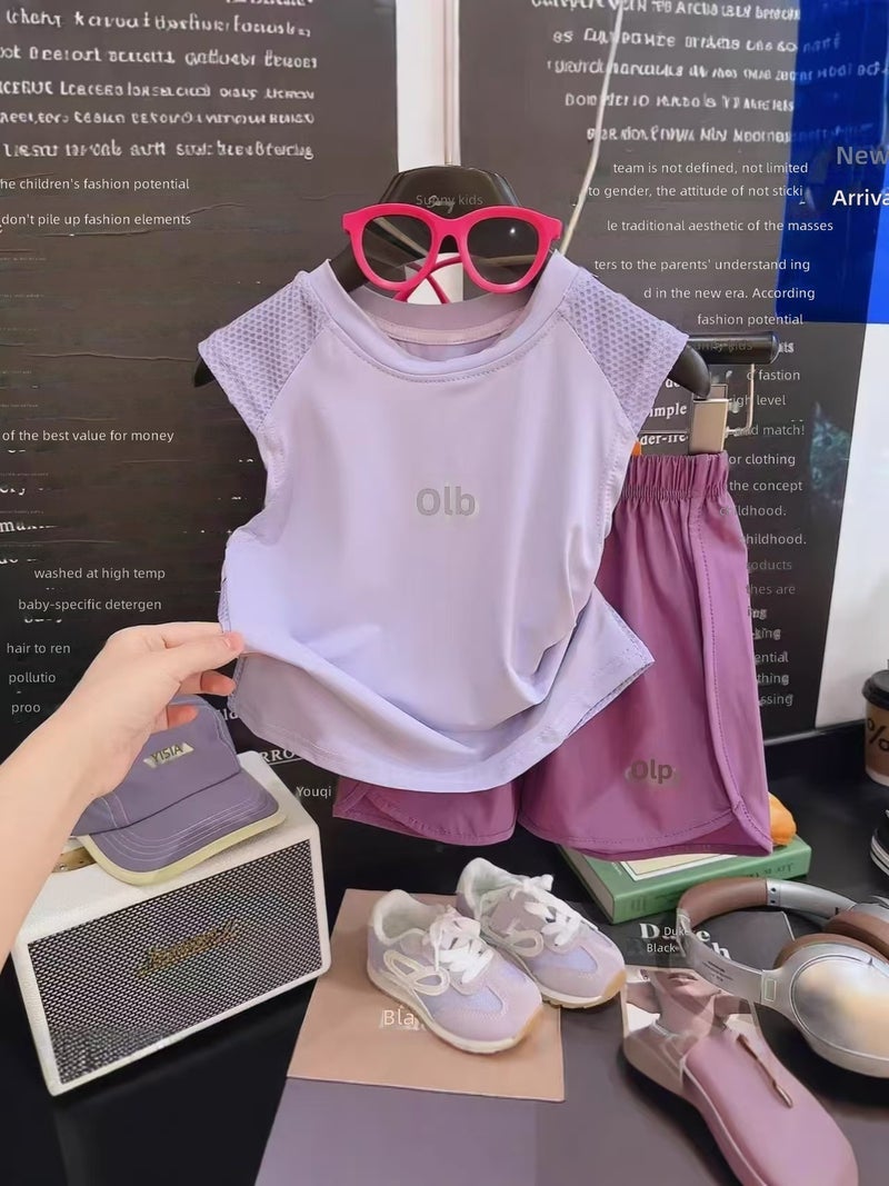 A-Class Thin Quick Dry Kids Sleeveless Vest Shorts Set for 0-8Y Saudi UAE Unisex Boys Girls, Mesh Breathable Patchwork Cool Toddler Sports Tracksuit, Stretch Loose Macaron Color Children Two Piece Outfit, Ideal Summer Daily Ramadan Eid Kids Gift - Image 1