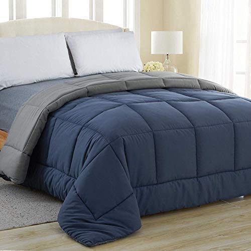 Linenovation All Season Microfiber Reversable DuvetAC ComforterQuilt Navy Blue Grey Single Size 60 Inch x 90 Inch - Image 1