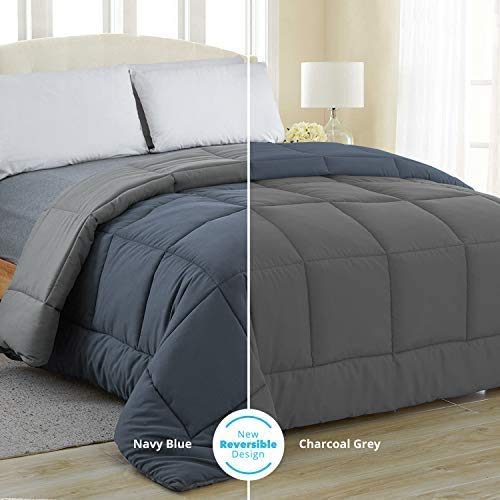 Linenovation All Season Microfiber Reversable DuvetAC ComforterQuilt Navy Blue Grey Single Size 60 Inch x 90 Inch - Image 2