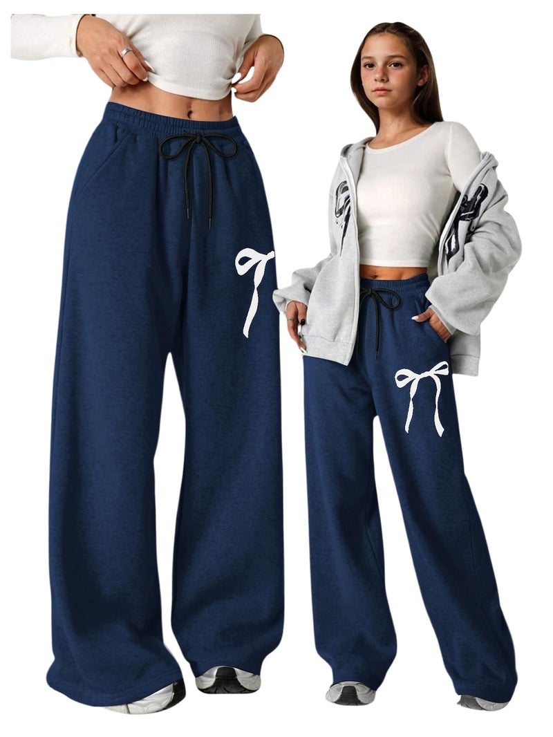 Verdusa Girl's Bowknot Baggy Sweatpants Lightweight Straight Leg Athletic Pants with Pockets Dark Blue 10 Years - Image 3