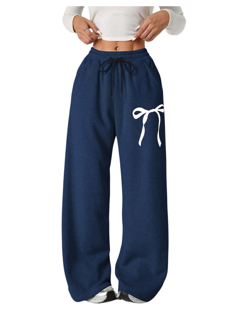 Verdusa Girl's Bowknot Baggy Sweatpants Lightweight Straight Leg Athletic Pants with Pockets Dark Blue 10 Years - Image 1