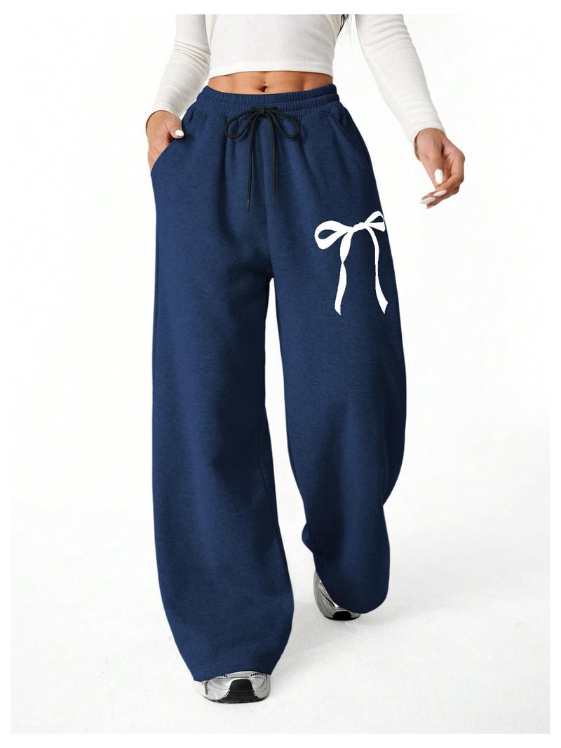 Verdusa Girl's Bowknot Baggy Sweatpants Lightweight Straight Leg Athletic Pants with Pockets Dark Blue 10 Years - Image 4
