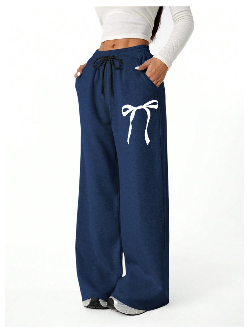 Verdusa Girl's Bowknot Baggy Sweatpants Lightweight Straight Leg Athletic Pants with Pockets Dark Blue 10 Years - Image 5