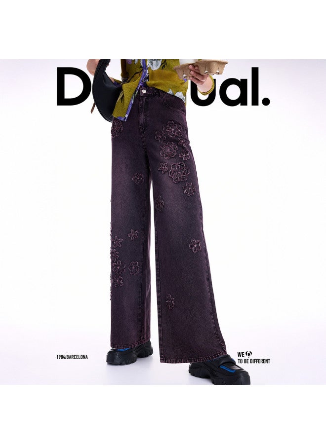 DESIGUAL 25 Autumn Winter New Collection Floral Applique Washed Frayed Women'S Jeans - Image 5