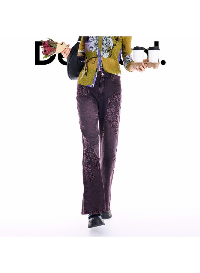 DESIGUAL 25 Autumn Winter New Collection Floral Applique Washed Frayed Women'S Jeans - Image 2