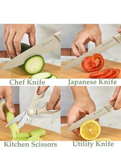 Beauenty Knife Set, Retrosohoo 6-Pieces Khaki Sharp Knife Set for Kitchen, Non-stick Non-slip Stainless Steel Chef Knife Set with Universal Knife Block Suitable for Home Restaurant  - Image 4