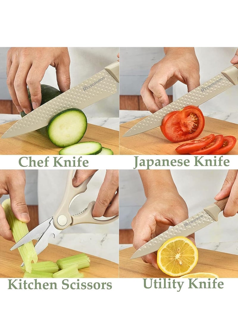 Beauenty - Knife Set, Retrosohoo 6-Pieces Khaki Sharp Knife Set for Kitchen, Non-stick Non-slip Stainless Steel Chef Knife Set with Universal Knife Block Suitable for Home Restaurant - Image 1