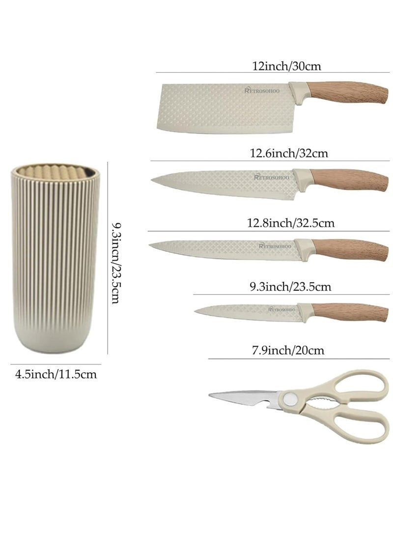 Beauenty - Knife Set, Retrosohoo 6-Pieces Khaki Sharp Knife Set for Kitchen, Non-stick Non-slip Stainless Steel Chef Knife Set with Universal Knife Block Suitable for Home Restaurant - Image 1