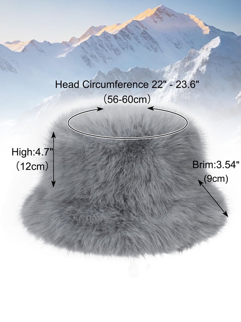 LA CARRIE Women's Fuzzy Wide Brim Faux Fur Bucket Hat Winter Warmer Fisherman Cap(Gray) - Image 3