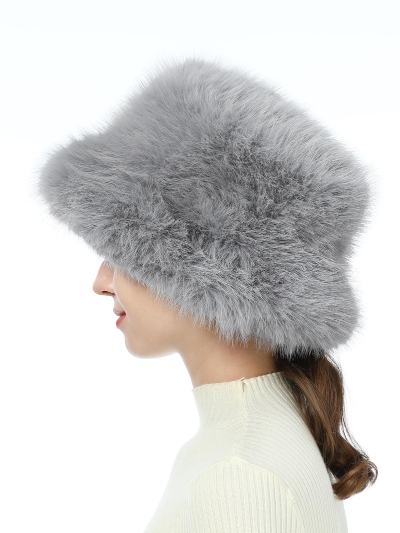 LA CARRIE Women's Fuzzy Wide Brim Faux Fur Bucket Hat Winter Warmer Fisherman Cap(Gray) - Image 5