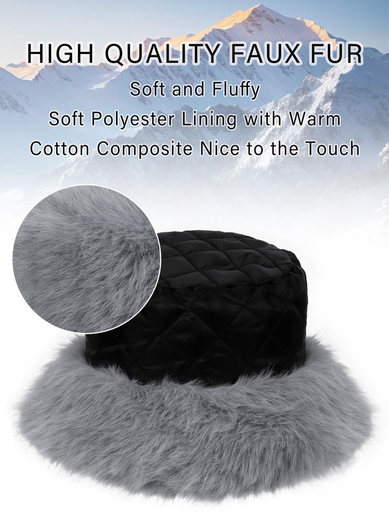 LA CARRIE Women's Fuzzy Wide Brim Faux Fur Bucket Hat Winter Warmer Fisherman Cap(Gray) - Image 2