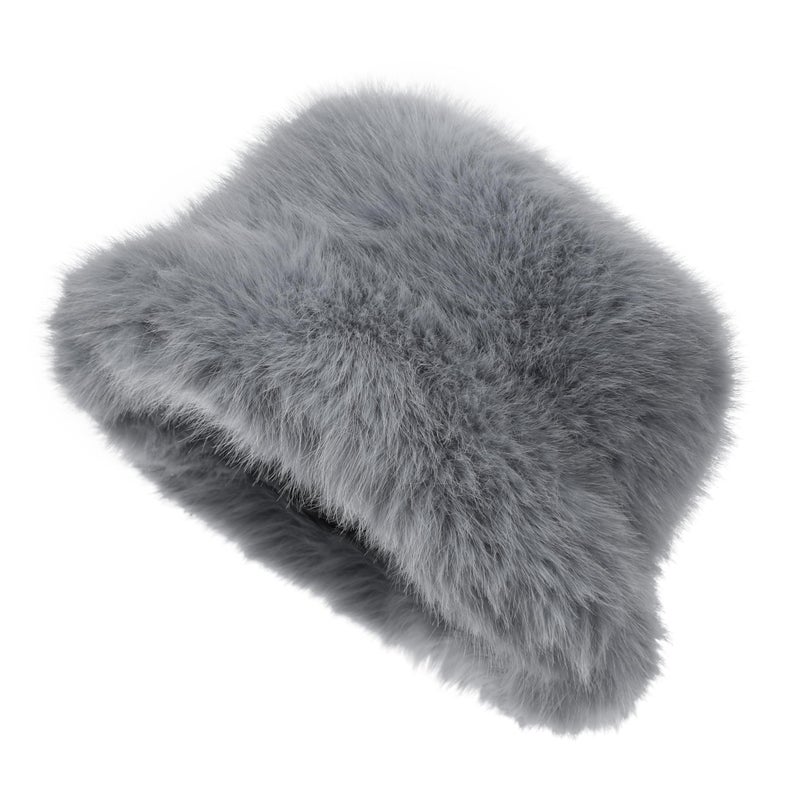 LA CARRIE Women's Fuzzy Wide Brim Faux Fur Bucket Hat Winter Warmer Fisherman Cap(Gray) - Image 1