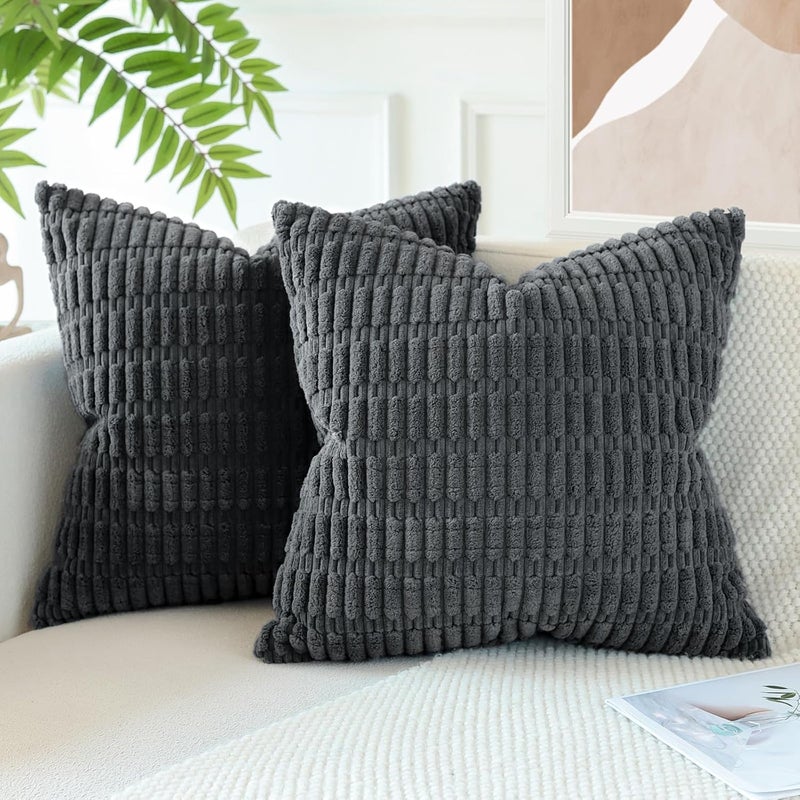 JOTOM Set of 2 Corduroy Soft Striped Cushion Covers 45x45 cm Decorative Throw Pillow Covers Square Cushion Case Home Boho Decor Pillow Cases for Couch Sofa Bedroom 18x18 Inch (Dark Grey) - Image 3