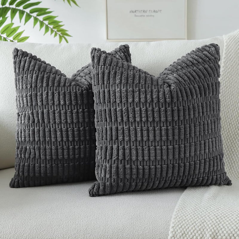 JOTOM Set of 2 Corduroy Soft Striped Cushion Covers 45x45 cm Decorative Throw Pillow Covers Square Cushion Case Home Boho Decor Pillow Cases for Couch Sofa Bedroom 18x18 Inch (Dark Grey) - Image 1