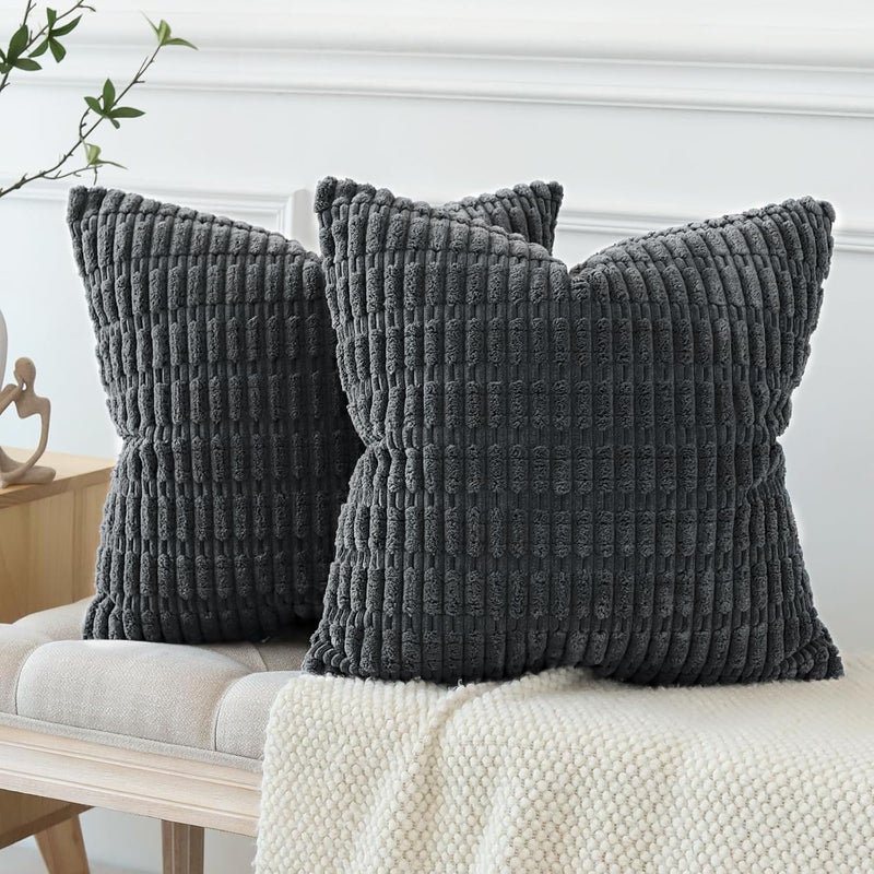 JOTOM Set of 2 Corduroy Soft Striped Cushion Covers 45x45 cm Decorative Throw Pillow Covers Square Cushion Case Home Boho Decor Pillow Cases for Couch Sofa Bedroom 18x18 Inch (Dark Grey) - Image 4