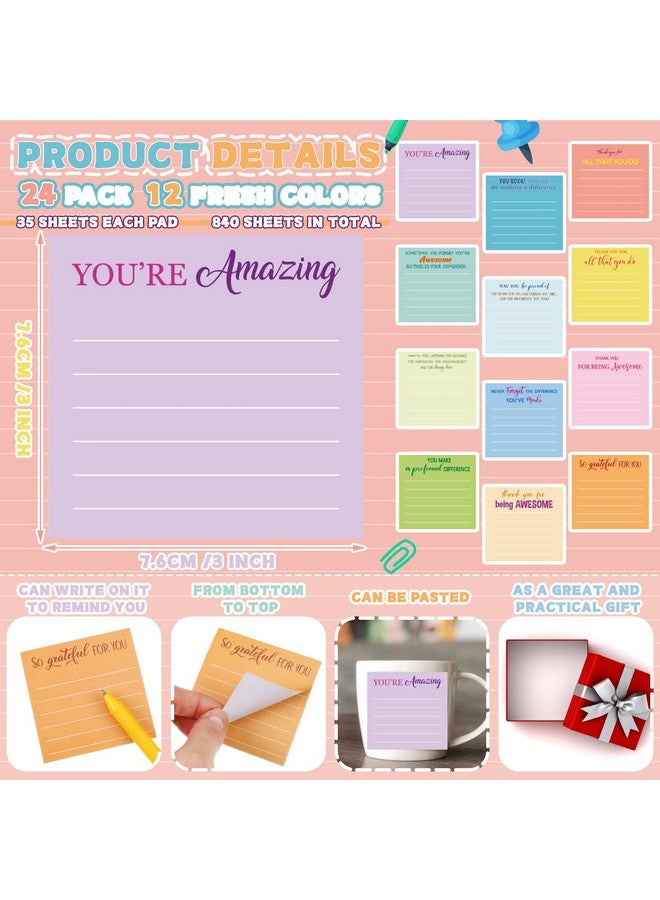 Yinder 24 Pcs Employee Appreciation Sticky Notes Thank You Gifts Bulk Note Pads with Sayings Teacher Gift Mini Pocket Inspirational Notepads for Coworker Office Supply 3 x 3''(Pastel,Thanks) - Image 2