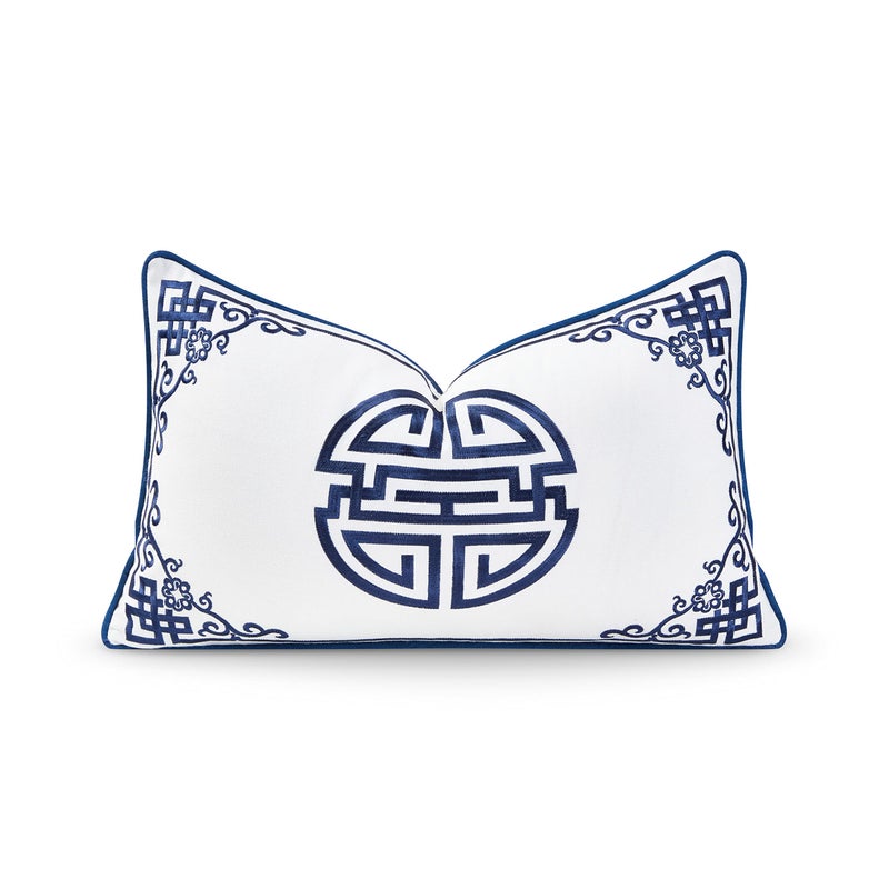 Hofdeco Premium Coastal Hampton Style Patio Indoor Outdoor Lumbar Pillow Cover Only, 12"x20" Water Resistant for Backyard, Couch, Navy Blue Embroidered Longevity Symbol - Image 1