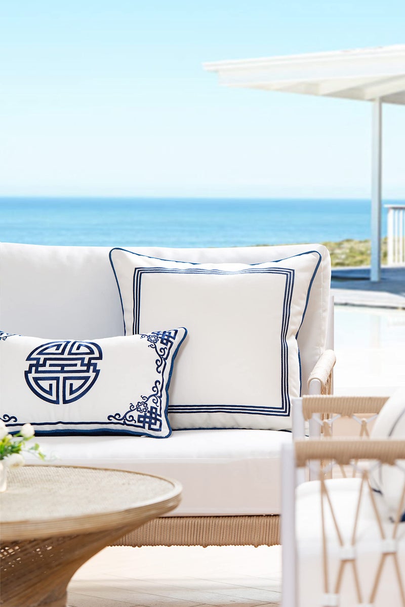Hofdeco Premium Coastal Hampton Style Patio Indoor Outdoor Lumbar Pillow Cover Only, 12"x20" Water Resistant for Backyard, Couch, Navy Blue Embroidered Longevity Symbol - Image 2