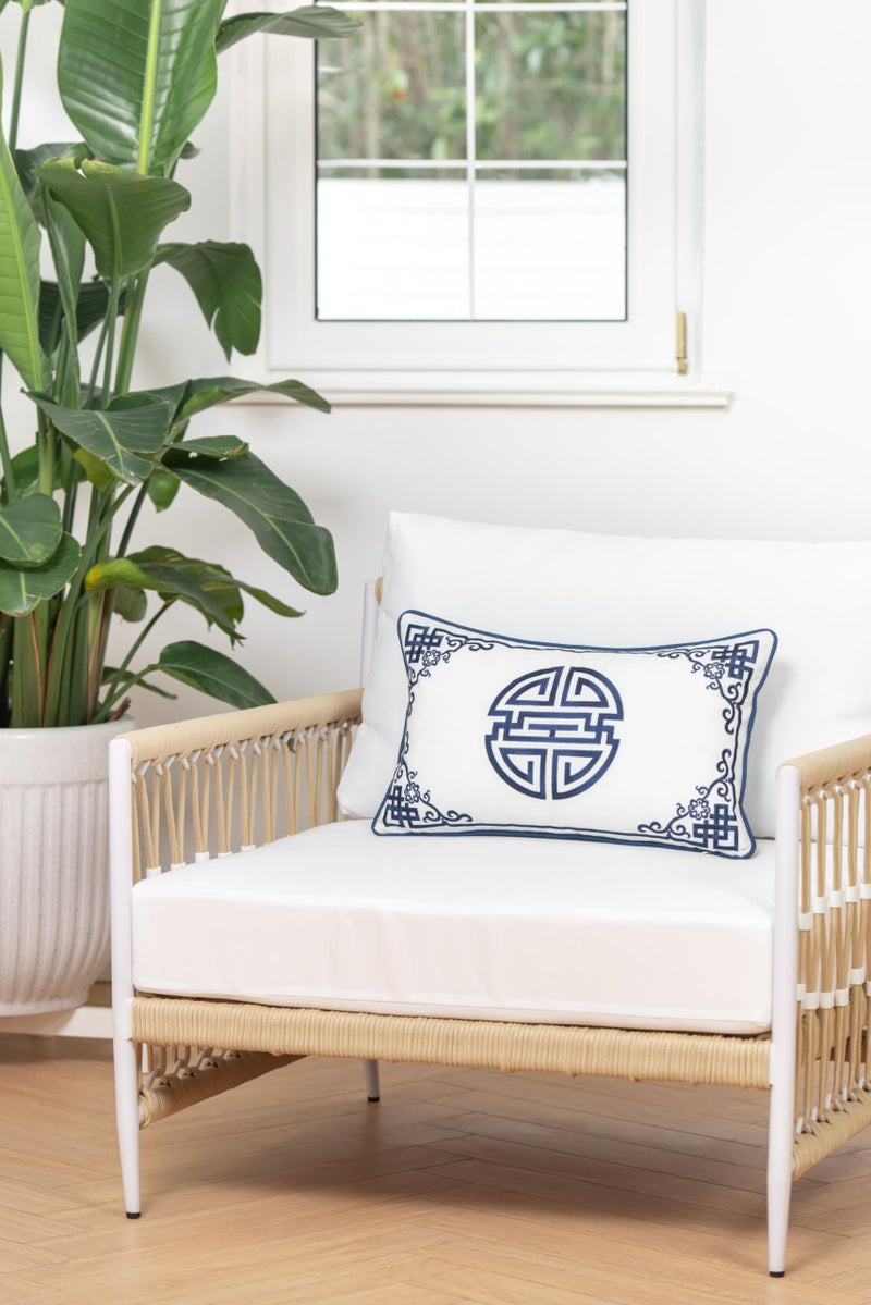 Hofdeco Premium Coastal Hampton Style Patio Indoor Outdoor Lumbar Pillow Cover Only, 12"x20" Water Resistant for Backyard, Couch, Navy Blue Embroidered Longevity Symbol - Image 3