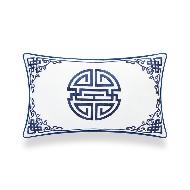 Hofdeco Premium Coastal Hampton Style Patio Indoor Outdoor Lumbar Pillow Cover Only, 12"x20" Water Resistant for Backyard, Couch, Navy Blue Embroidered Longevity Symbol - Image 5