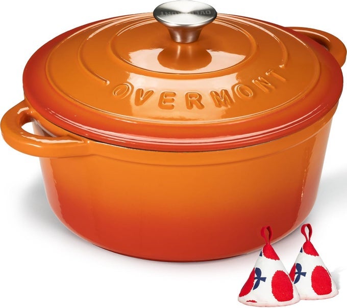 ENAMELED CAST IRON DUTCH OVEN 55QT POT WITH LID COOKBOOK COTTON POTHOLDERS HEAVYDUTY COOKWARE FOR BRAISING STEWS ROASTING BREAD BAKING ORANGE