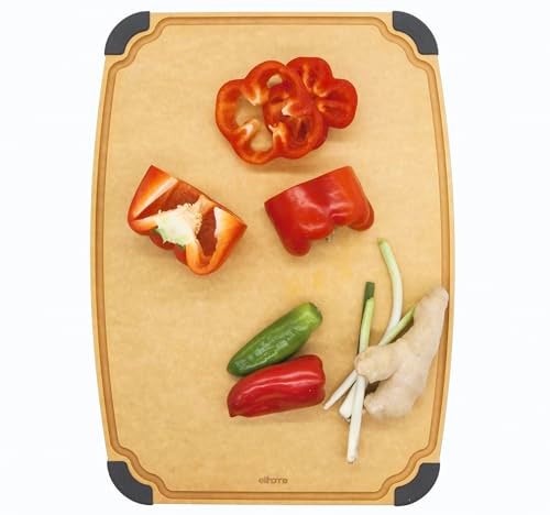 Elihome Essential Series Cutting Board for Kitchen Natural Wood Fiber Composite Dishwasher Safe EcoFriendly Juice Grooves Nonslip Feet NonPorous Reversible BPA Free Large 14 x 10