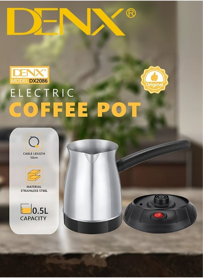 ماكينة صنع القهوة التركية الكهربائيةغلاية قهوة تركية كهربائية من DENX موديل DX2086 – قدرة 650 واط، سعة 0.5 لتر (5 أكواب)، تصميم أنيق من الستانلس ستيل المقاوم للصدأ، قاعدة دوران 360°، مثالية لتحضير القهوة والشاي بسرعة وسهولة