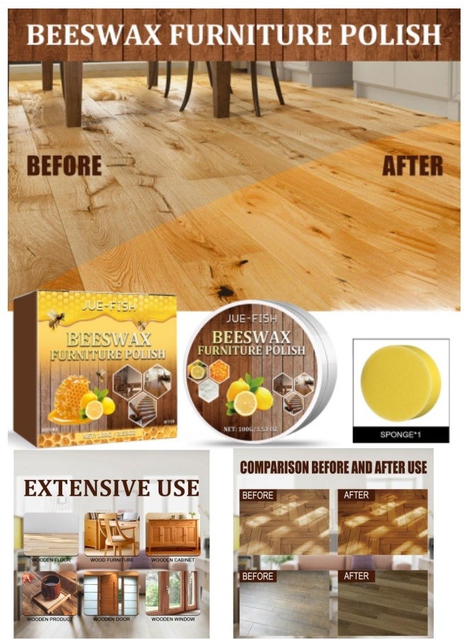 JUE-FISH Natural Beeswax Furniture Care Beeswax Wood Seasoning Beewax Polish Water Abrasion Resistant with Sponges for Wood Furniture Wood Protection  - Image 1