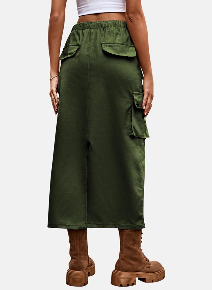 YUNIQEE Green Mid Rise Plain Midi Skirt - Image 5