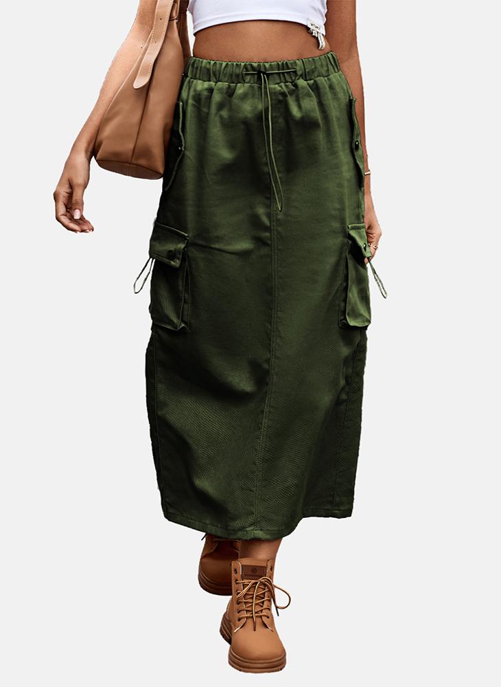 YUNIQEE Green Mid Rise Plain Midi Skirt - Image 1