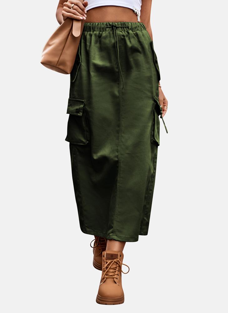 YUNIQEE Green Mid Rise Plain Midi Skirt - Image 3