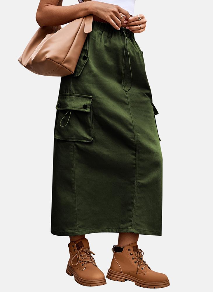 YUNIQEE Green Mid Rise Plain Midi Skirt - Image 2