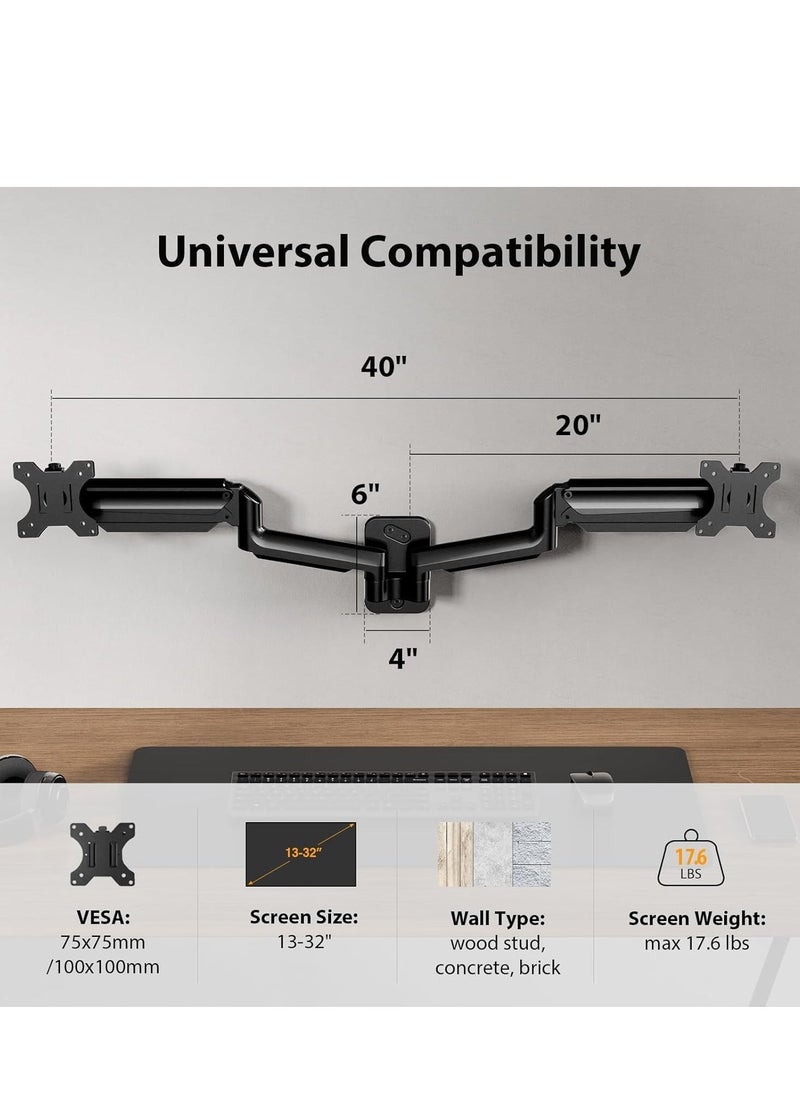 ELTRAZONE Dual Monitor Wall Mount – Gas Spring Monitor Wall Arm for 17-32 Inch Screens, Holds Up to 18lbs, VESA 75x75/100x100mm, Adjustable Wall-Mounted Monitor Stand for 2 Monitors, Ergonomic Design - Image 3
