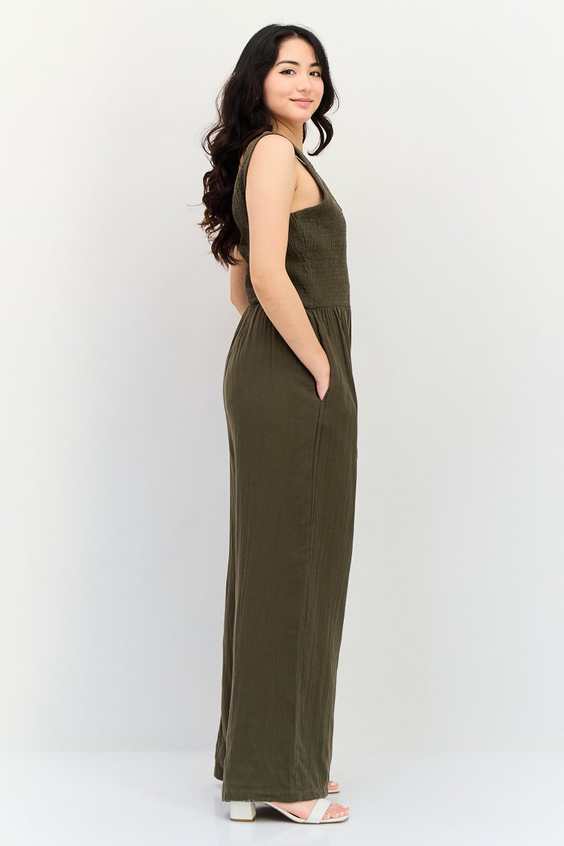 BRAVE SOUL Women Shirred Sleeveless Jumpsuit, Dark Olive - Image 3