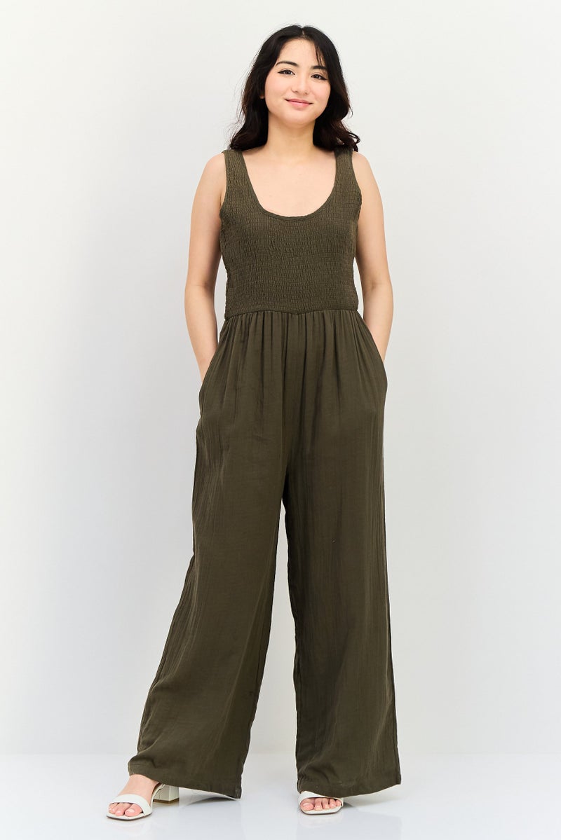 BRAVE SOUL Women Shirred Sleeveless Jumpsuit, Dark Olive - Image 1