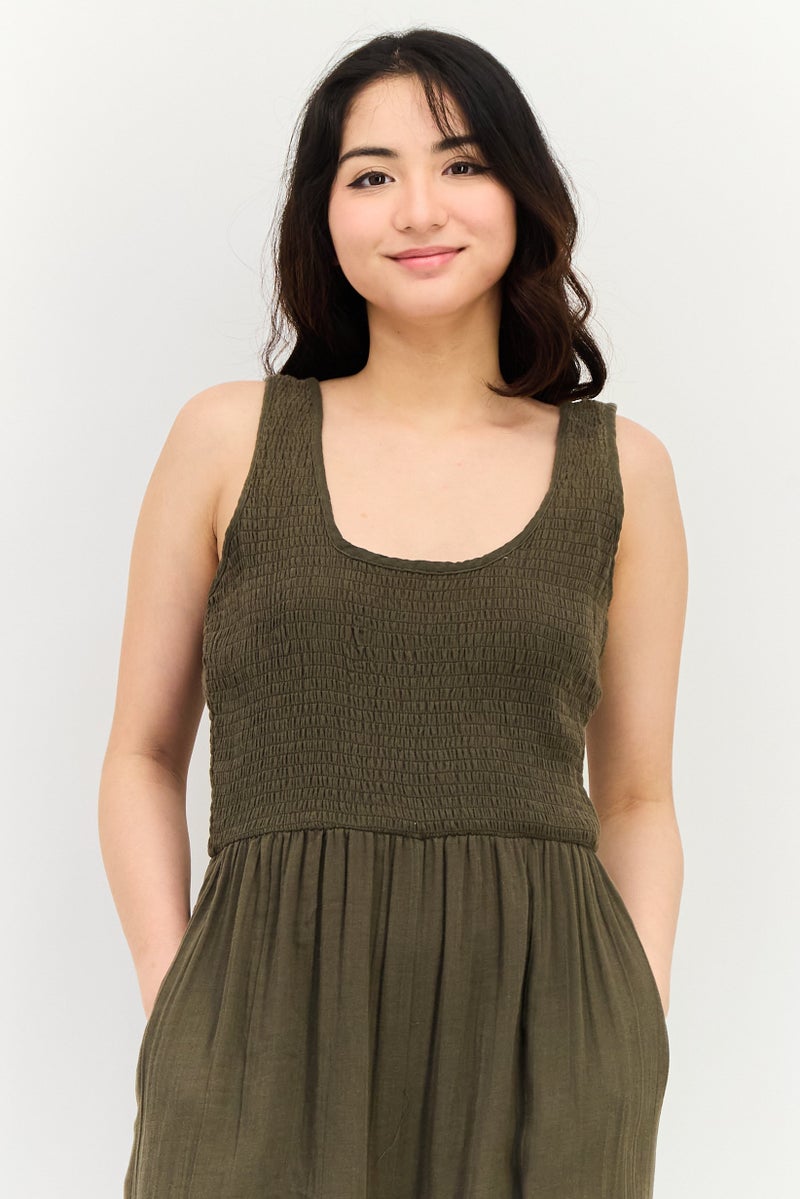 BRAVE SOUL Women Shirred Sleeveless Jumpsuit, Dark Olive - Image 2