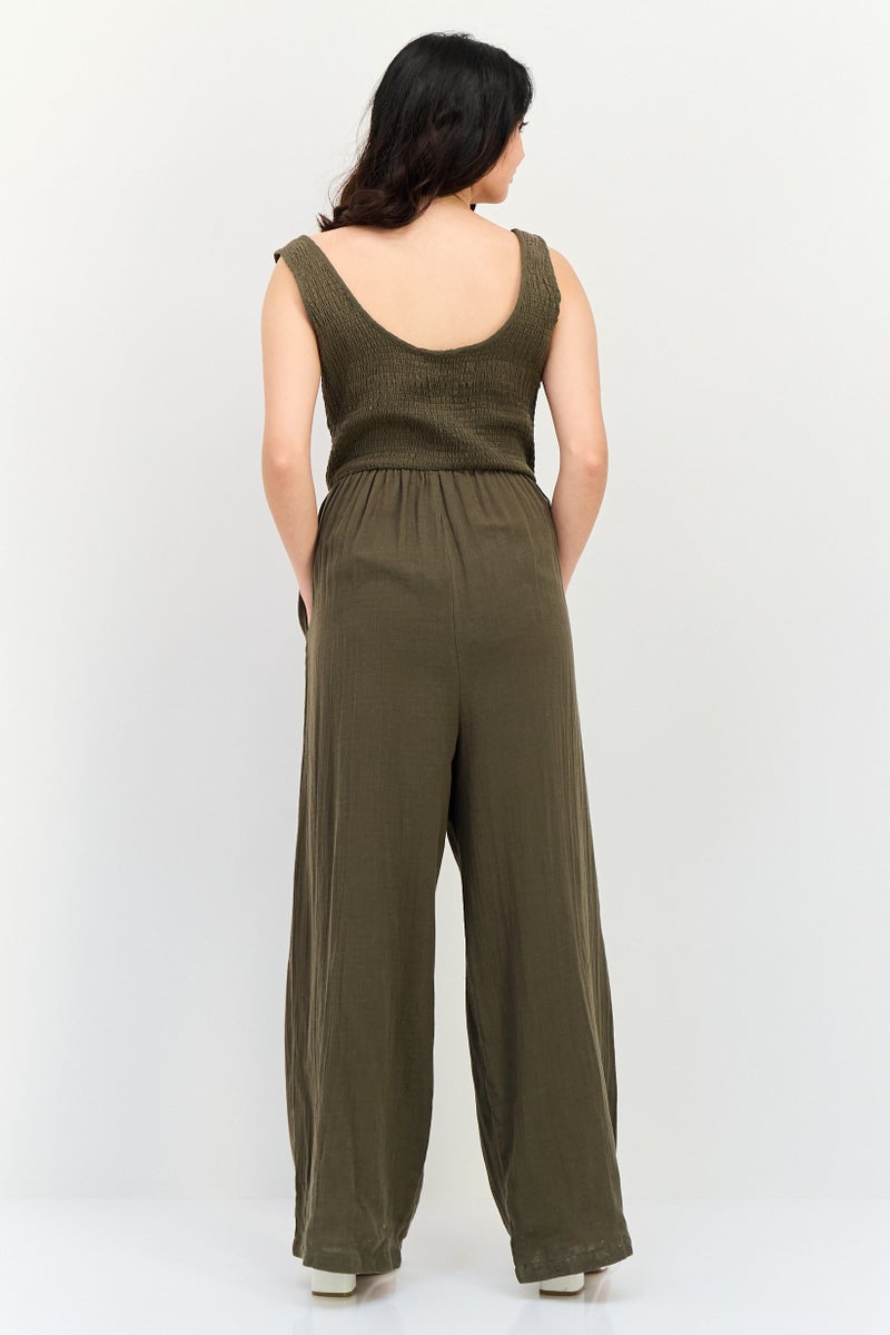 BRAVE SOUL Women Shirred Sleeveless Jumpsuit, Dark Olive - Image 4