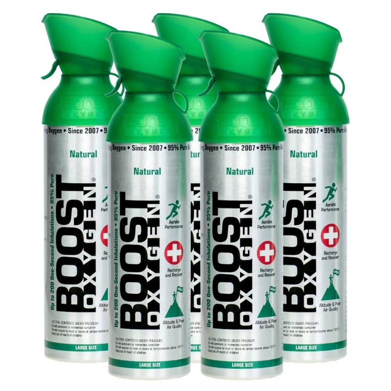 بوست أوكسجين زجاجة Boost Oxygen المعلبة سعة 10 لتر بنكهة طبيعية قابلة للحمل للرياضيين على ارتفاعات عالية والمزيد باللون الأخضر/الفضي (5 عبوات) - Image 1
